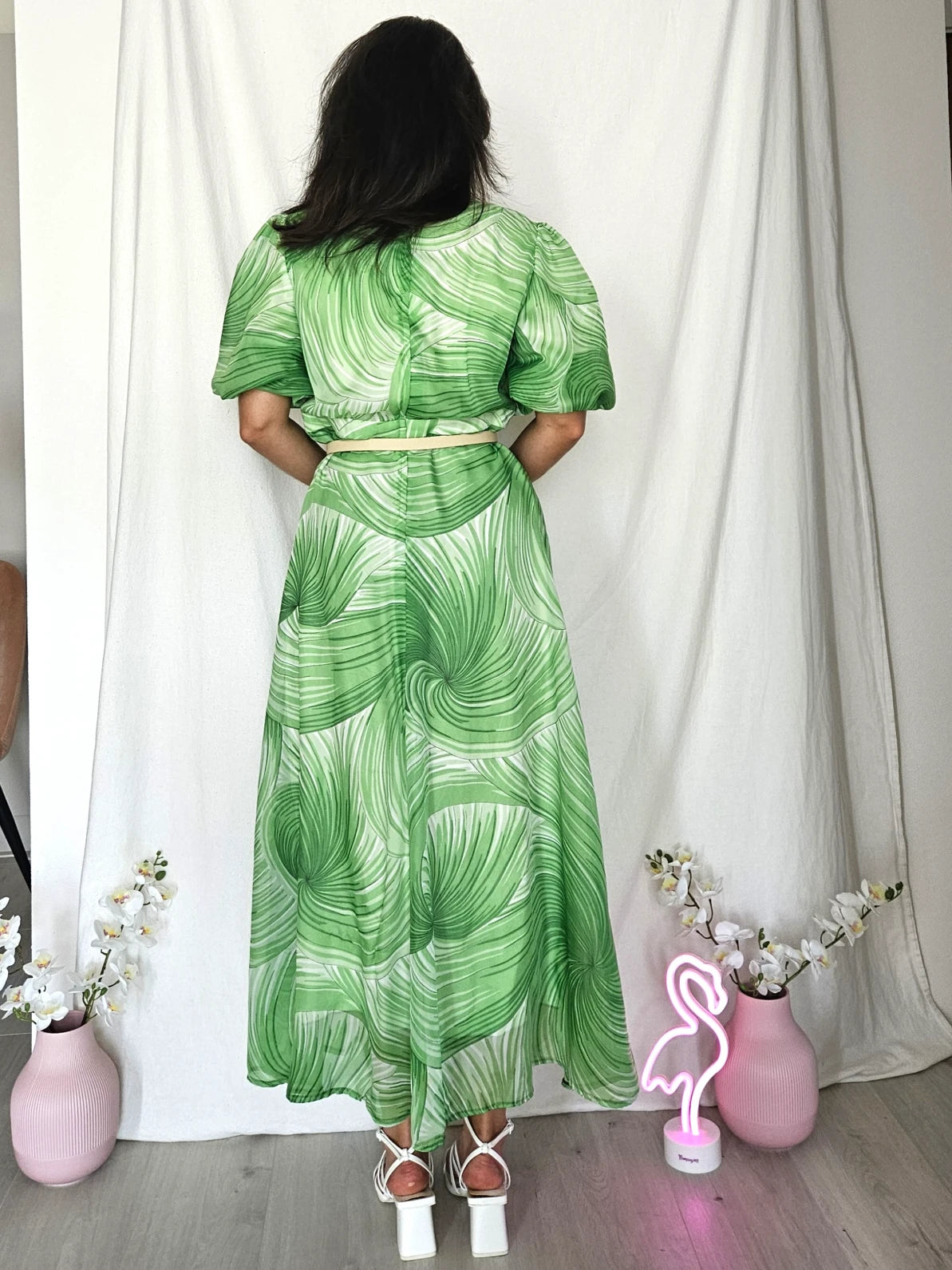 Lange lichtgroene vintage jurk van viscose | M/L