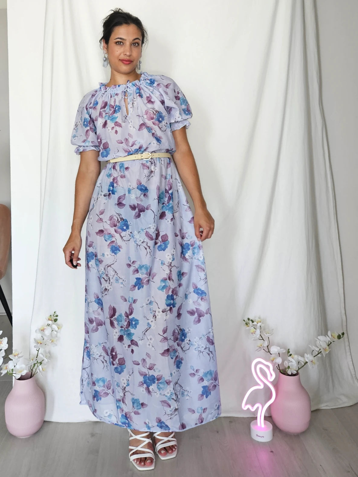 Romantische lichtblauwe vintage jurk met bloemen | M/L