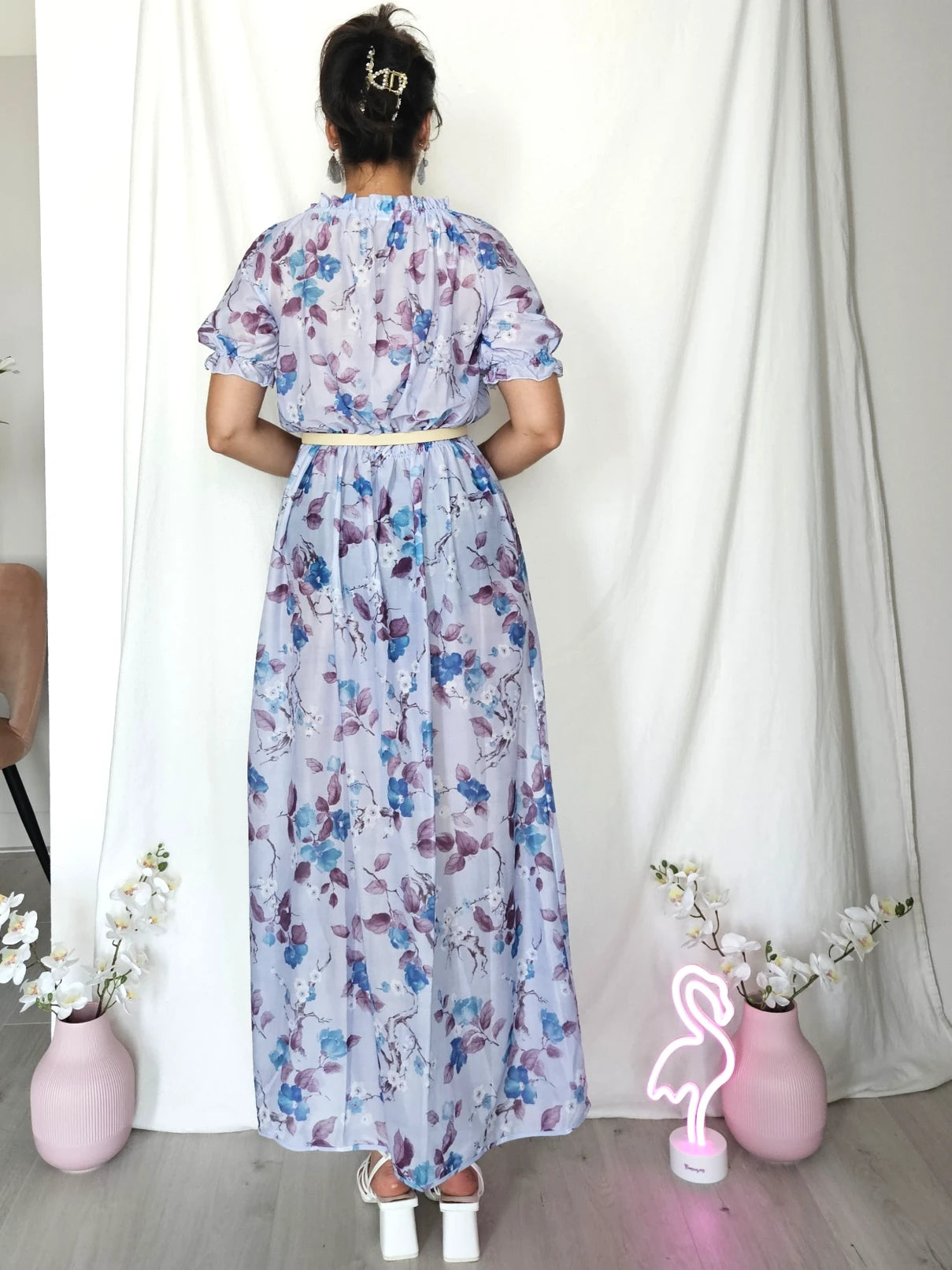 Romantische lichtblauwe vintage jurk met bloemen | M/L
