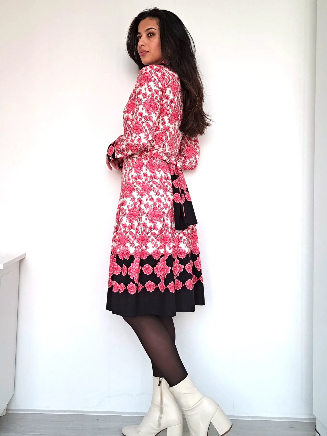 vintage jurk met roze bloemenprint