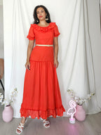 Lange rode vintage jurk met ruffles | XS/S