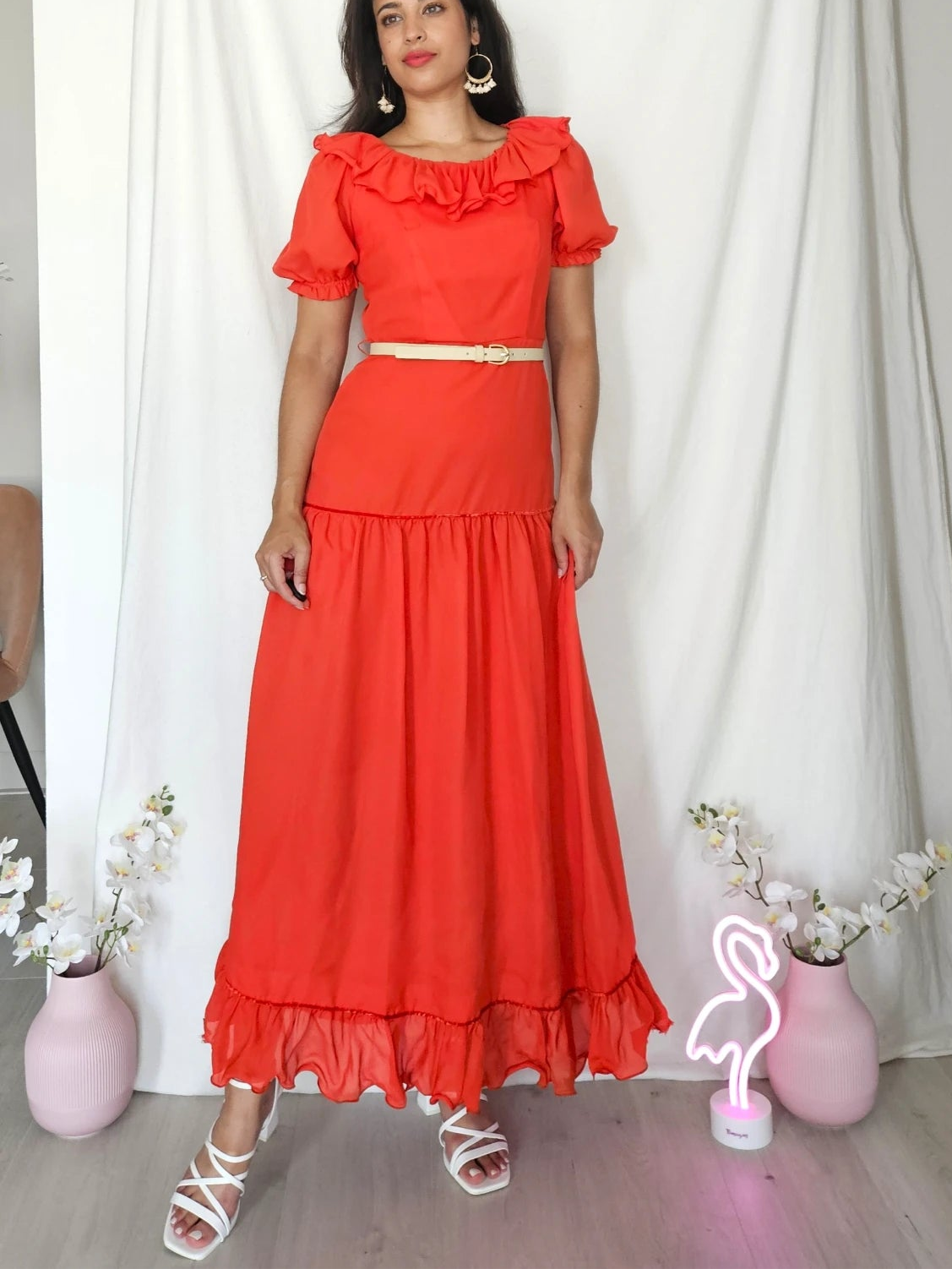 Long red vintage dress with ruffles | XS/S