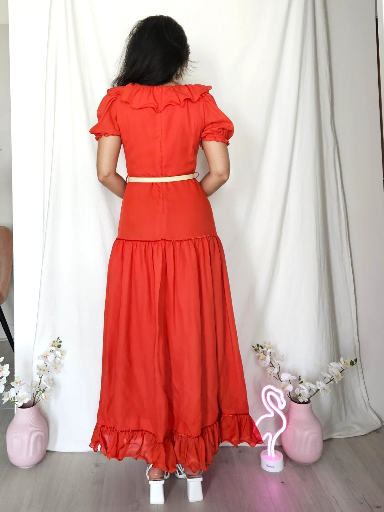 Lange rode vintage jurk met ruffles | XS/S