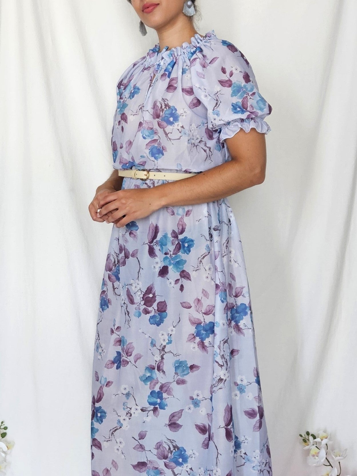 Romantische lichtblauwe vintage jurk met bloemen | M/L