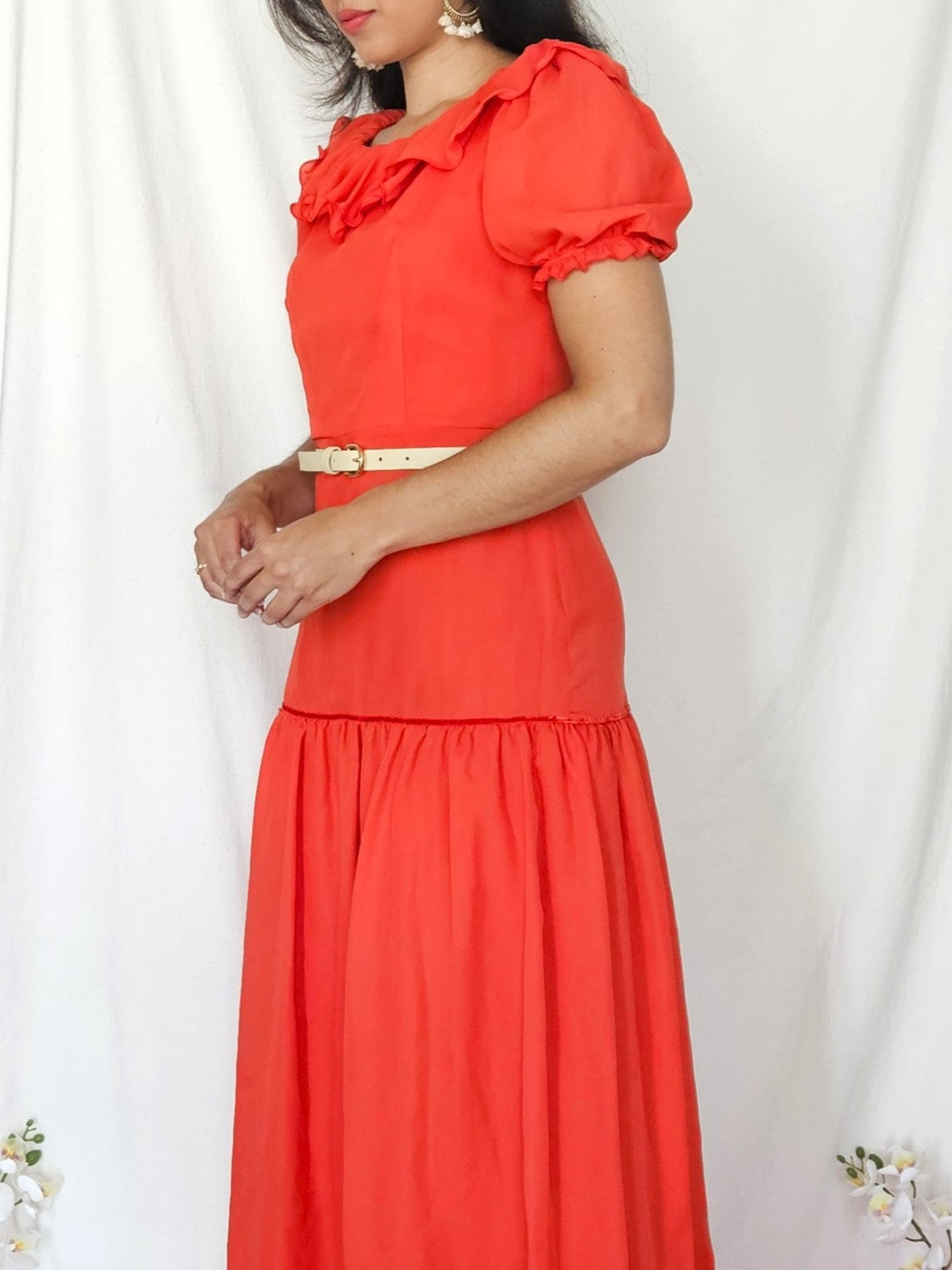Lange rode vintage jurk met ruffles | XS/S
