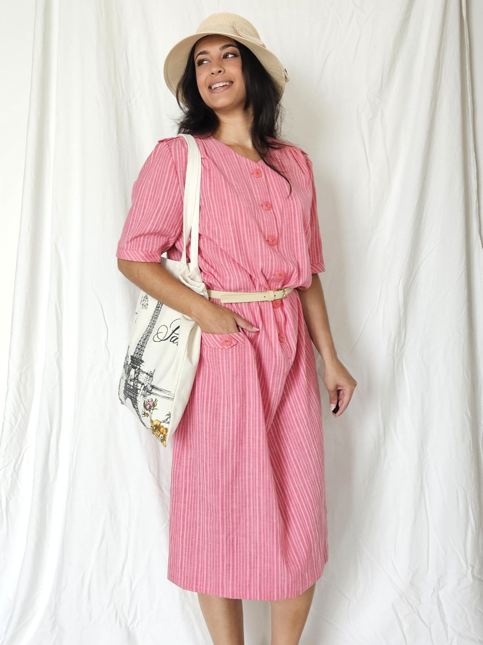 Rood-wit gestreepte vintage jurk met knopen | XXL