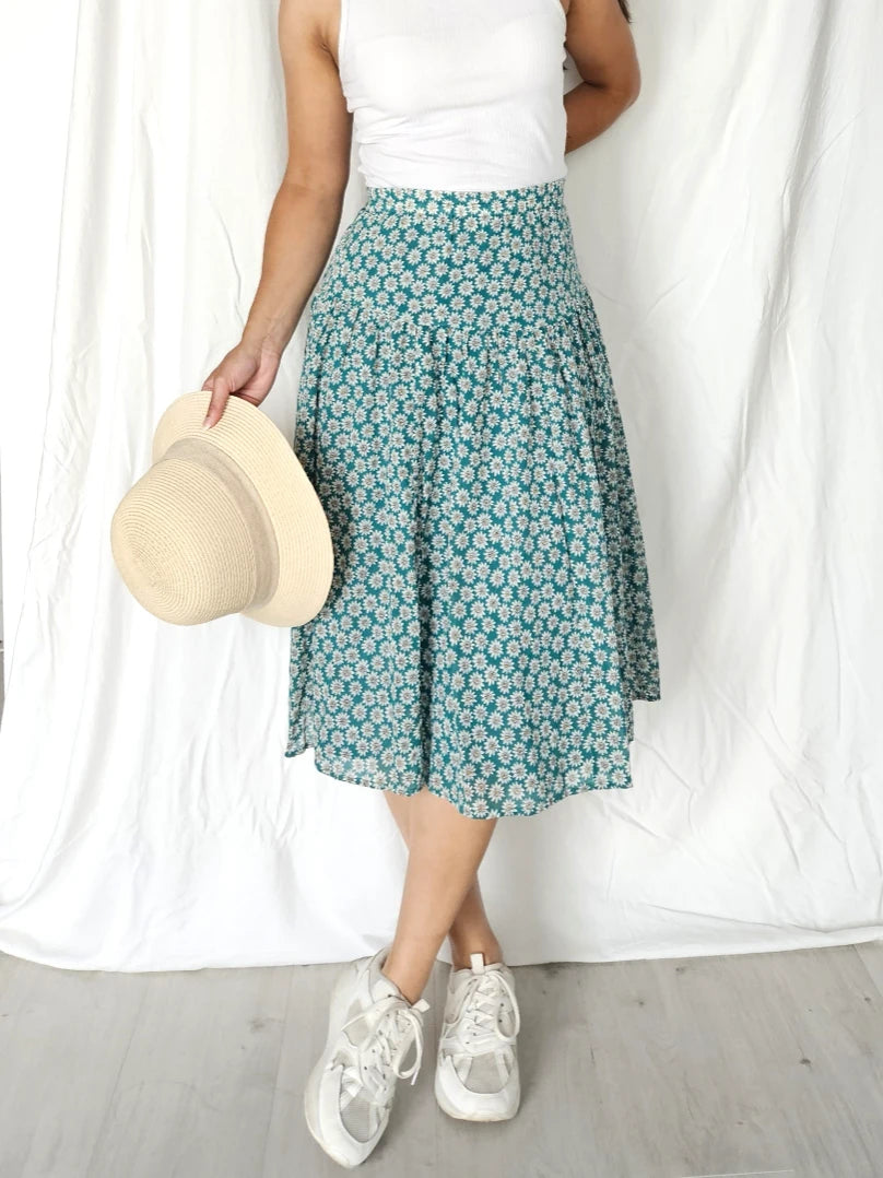 Katoenen vintage rok met witte bloemetjes | XL/XXL