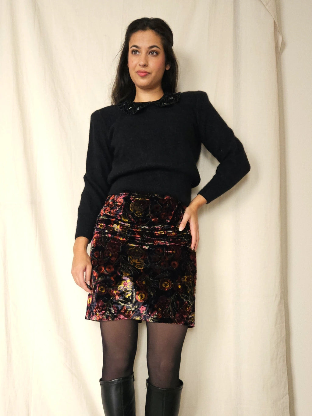 Fluwelen vintage rok kleurrijke bloemen | XS