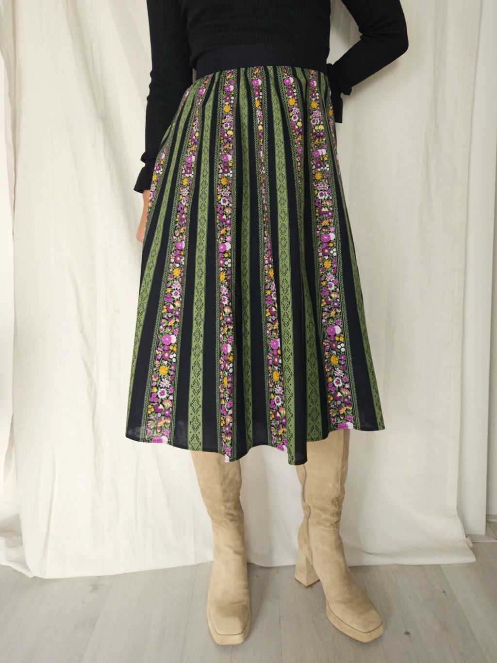 Vintage rok van katoen met groene en paarse print | XL/XXL