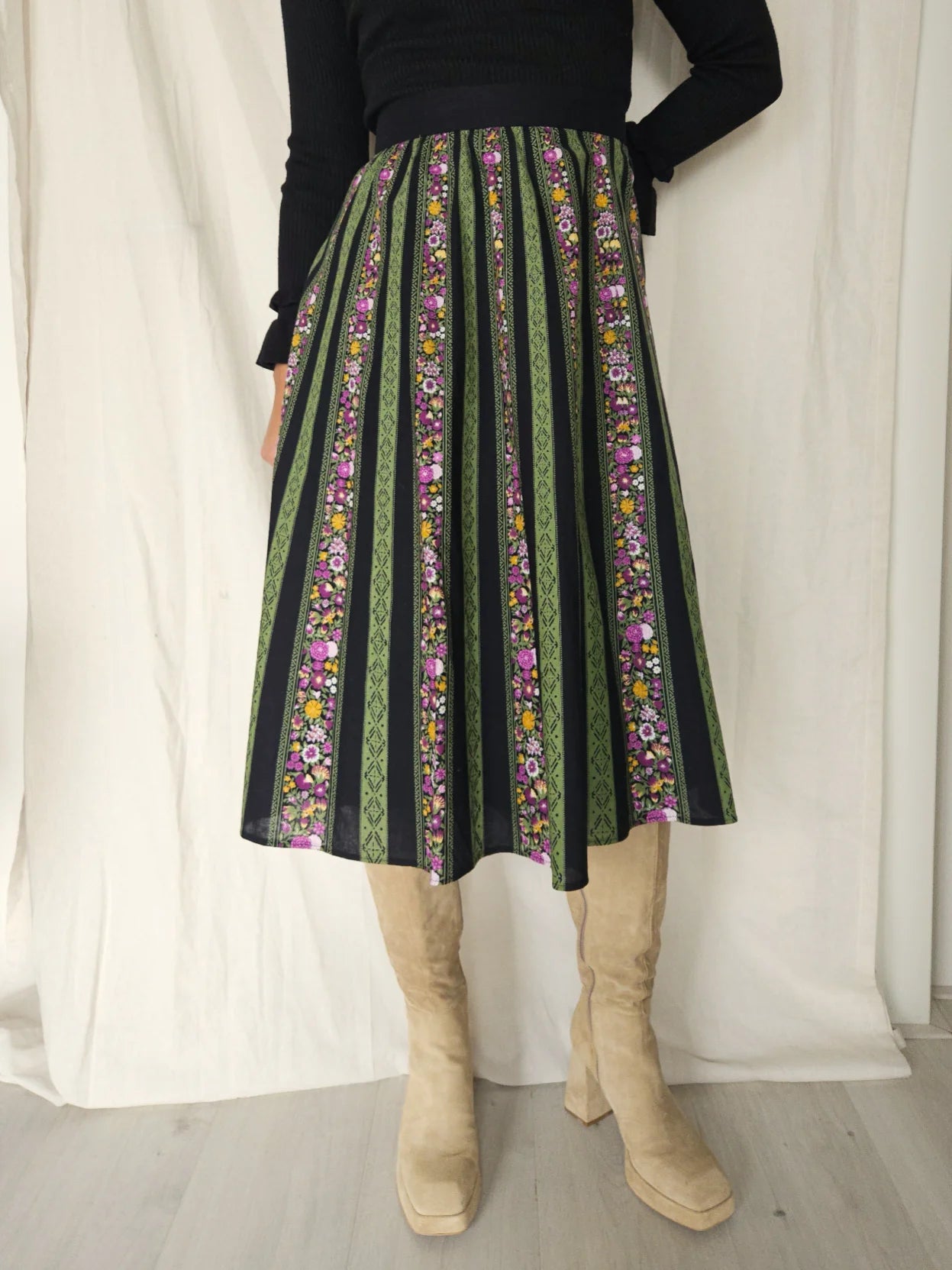 Vintage rok van katoen met groene en paarse print | XL/XXL