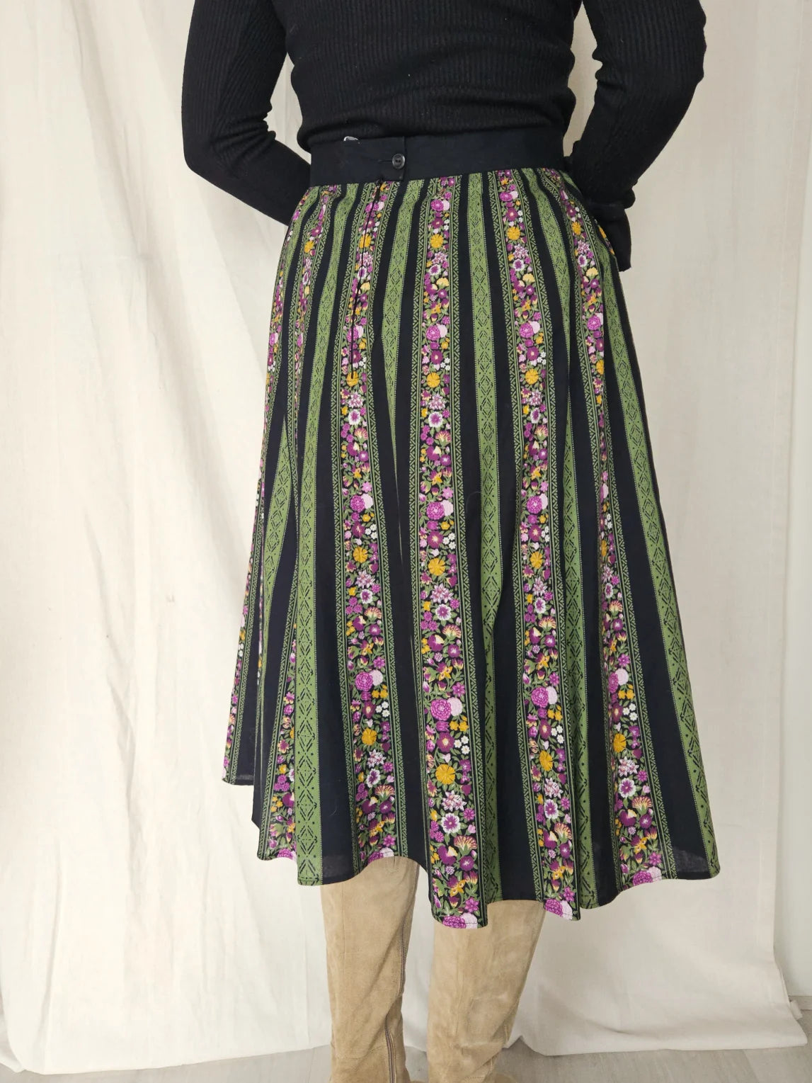Vintage rok van katoen met groene en paarse print | XL/XXL