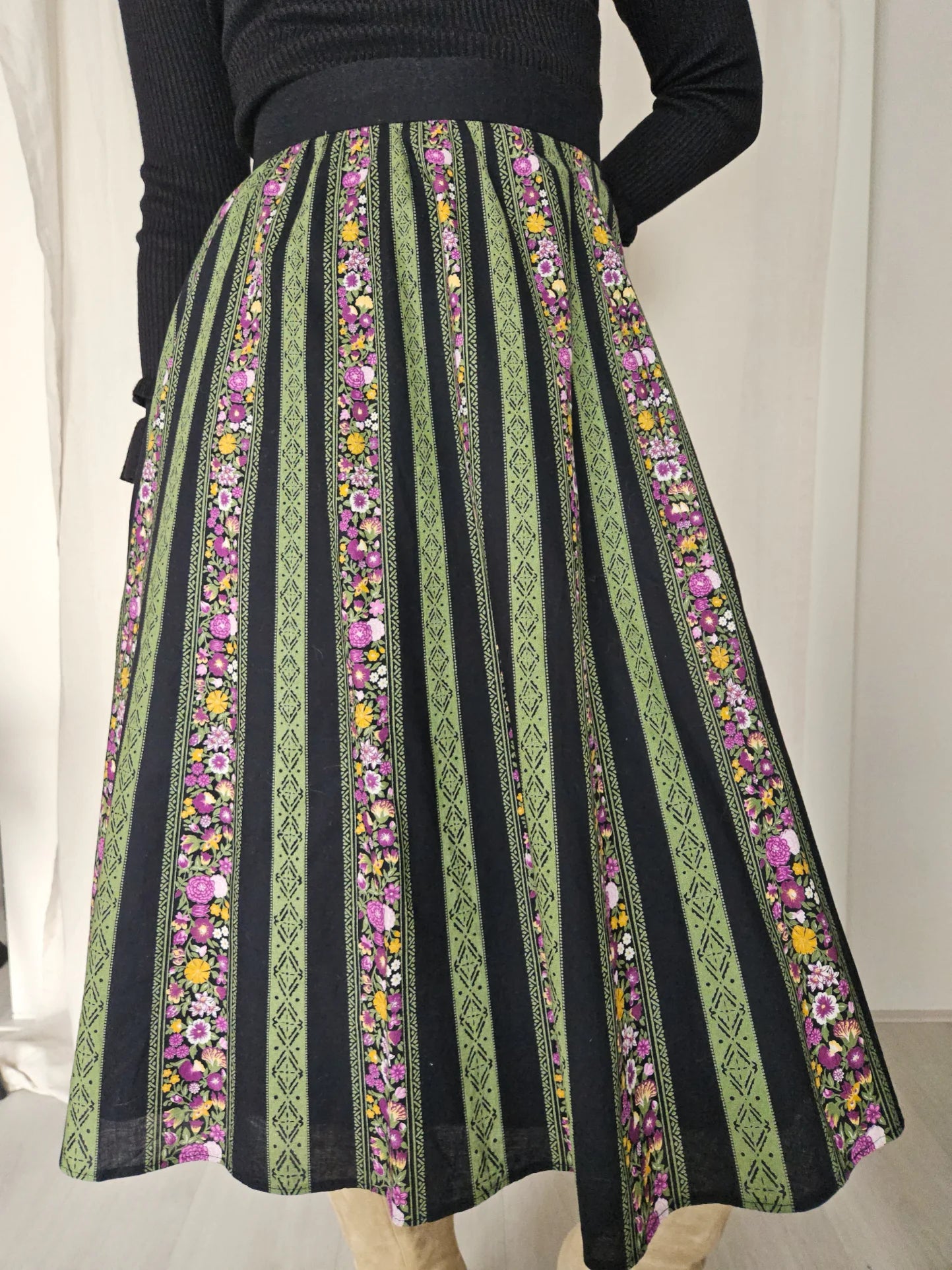 Vintage rok van katoen met groene en paarse print | XL/XXL