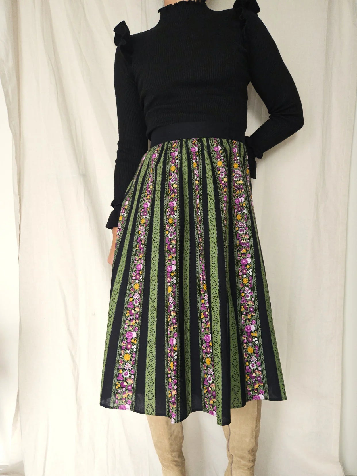 Vintage rok van katoen met groene en paarse print | XL/XXL