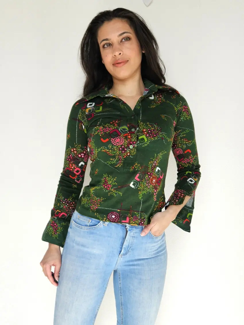 Donkergroene 70s vintage top van zacht & stretchy katoen | XS