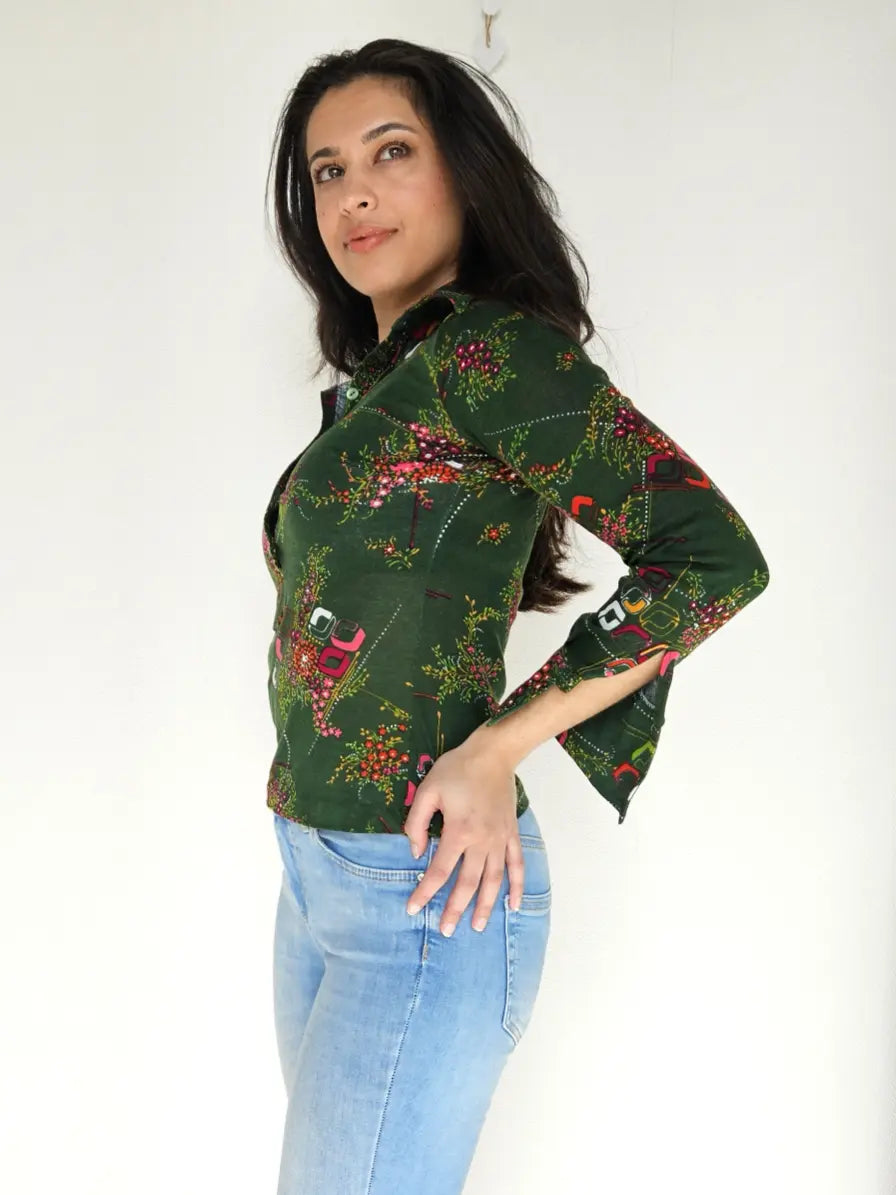 Donkergroene 70s vintage top van zacht & stretchy katoen | XS