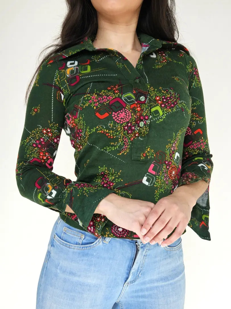 Donkergroene 70s vintage top van zacht & stretchy katoen | XS