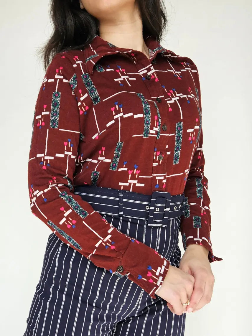 Rode 70s vintage top van zacht & stretchy katoen | L