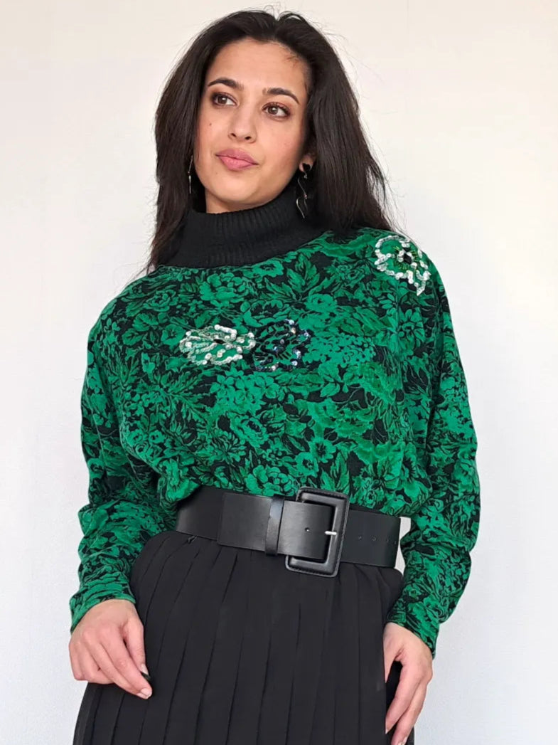 groene vintage trui met bloemen