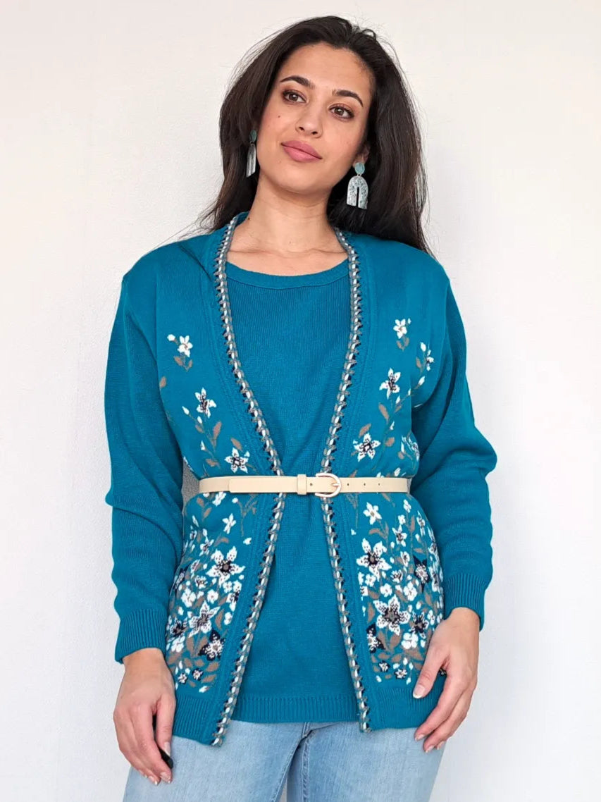 vintage trui oceaan blauw met bloemen