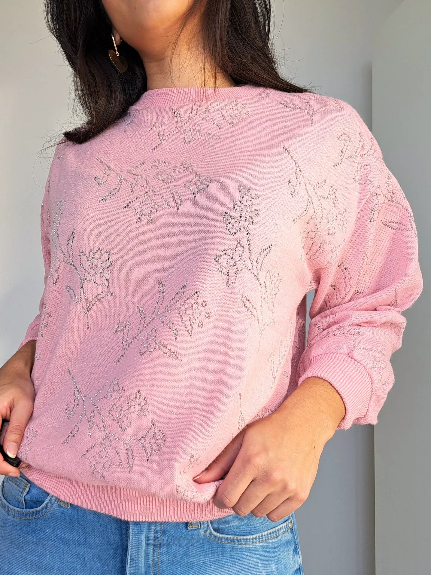 roze vintage trui met bloemen