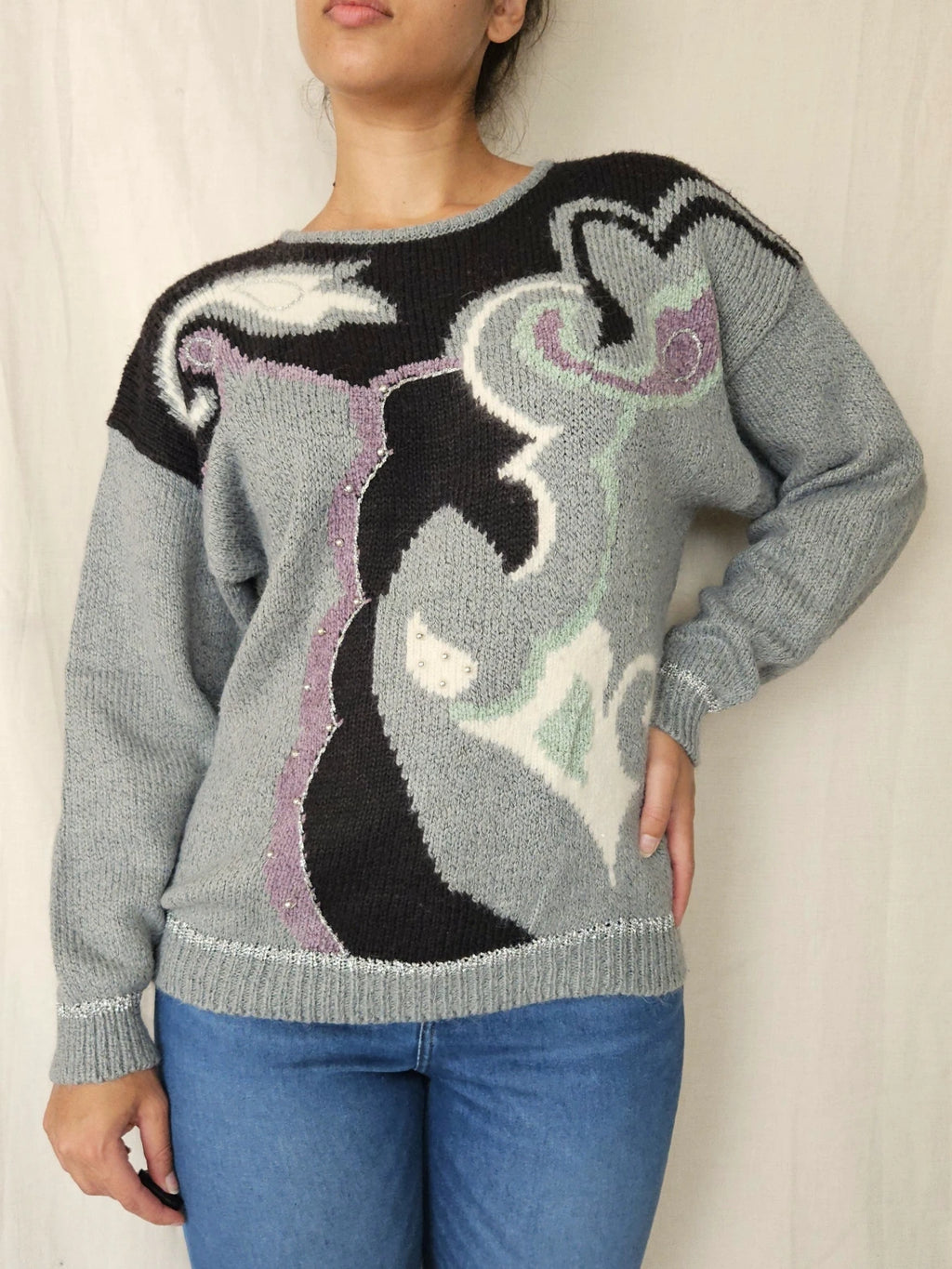 Grijze vintage trui met patronen | XL