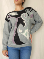 Grijze vintage trui met patronen | XL