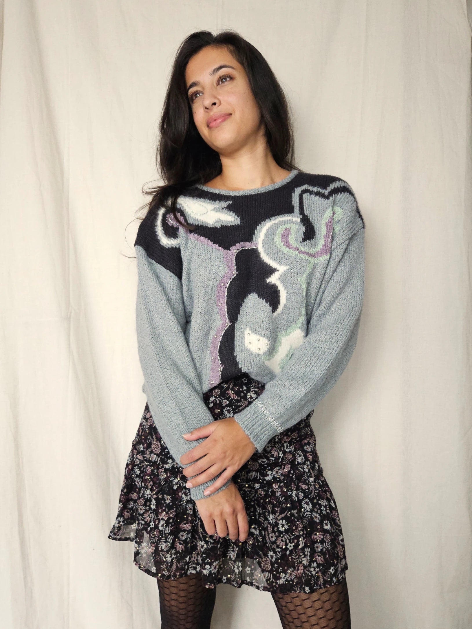 Grijze vintage trui met patronen | XL