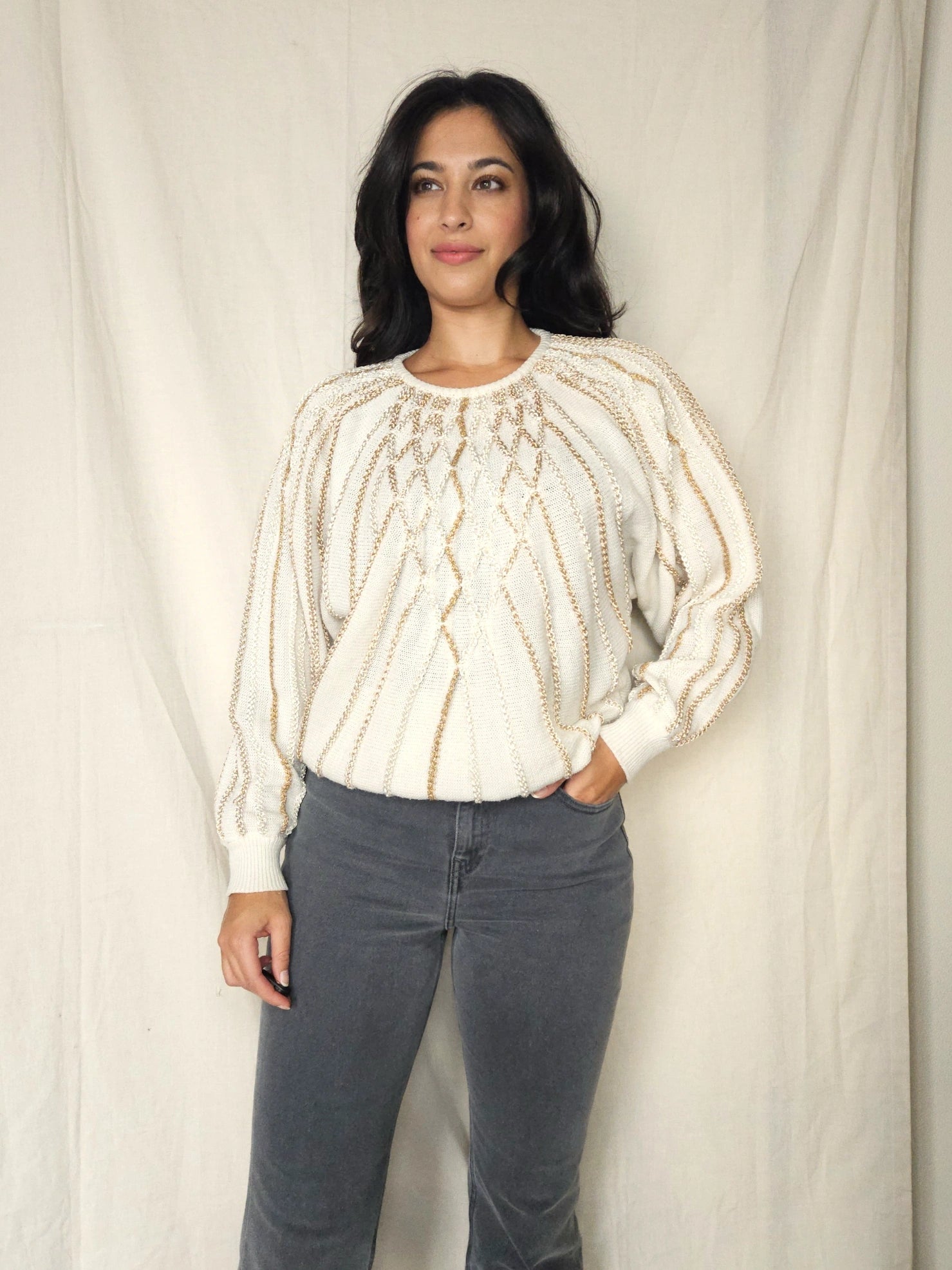 Gebreide vintage trui met vloeiende stroken | XXL