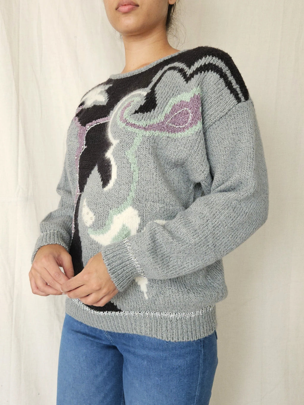 Grijze vintage trui met patronen | XL