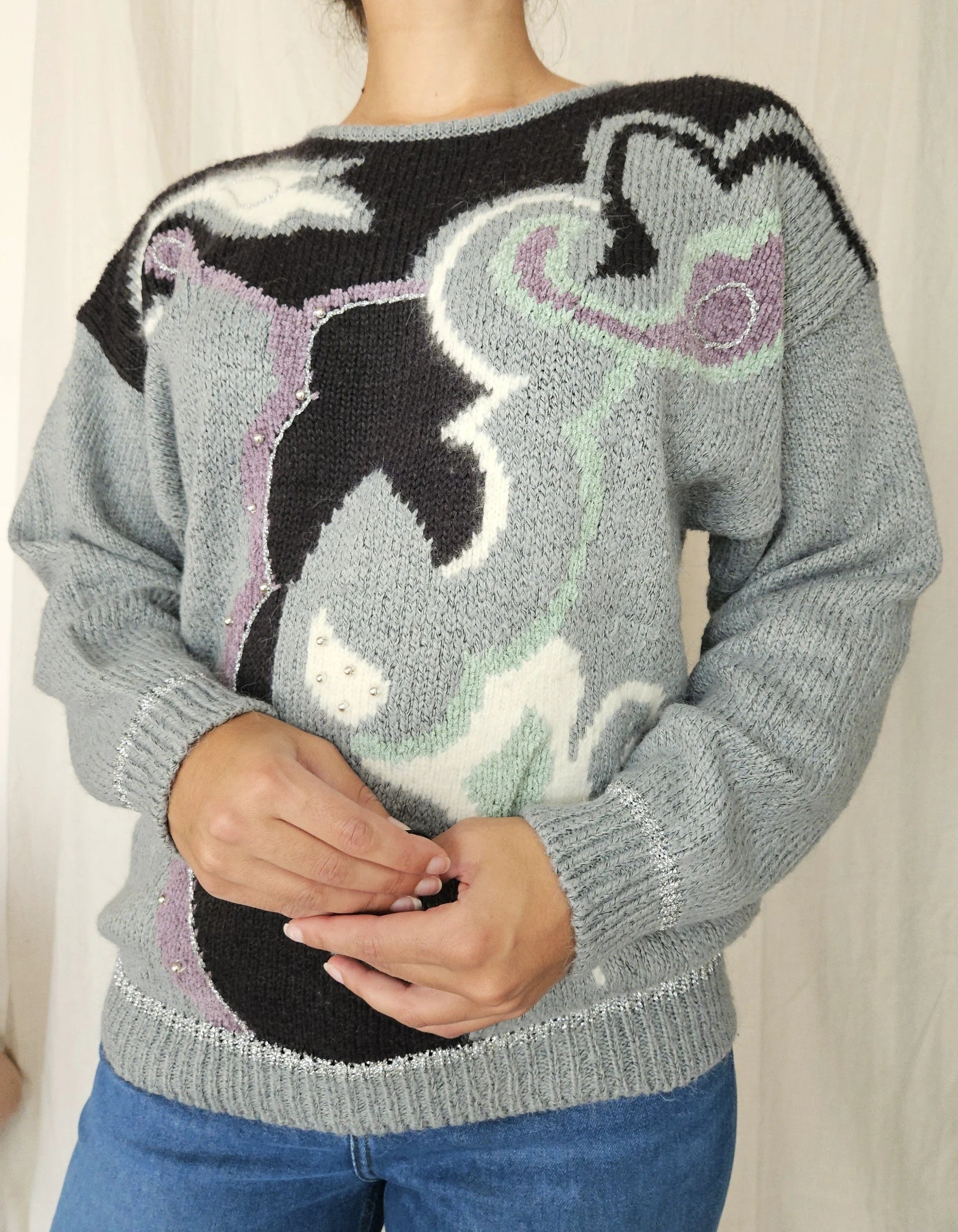 Grijze vintage trui met patronen | XL