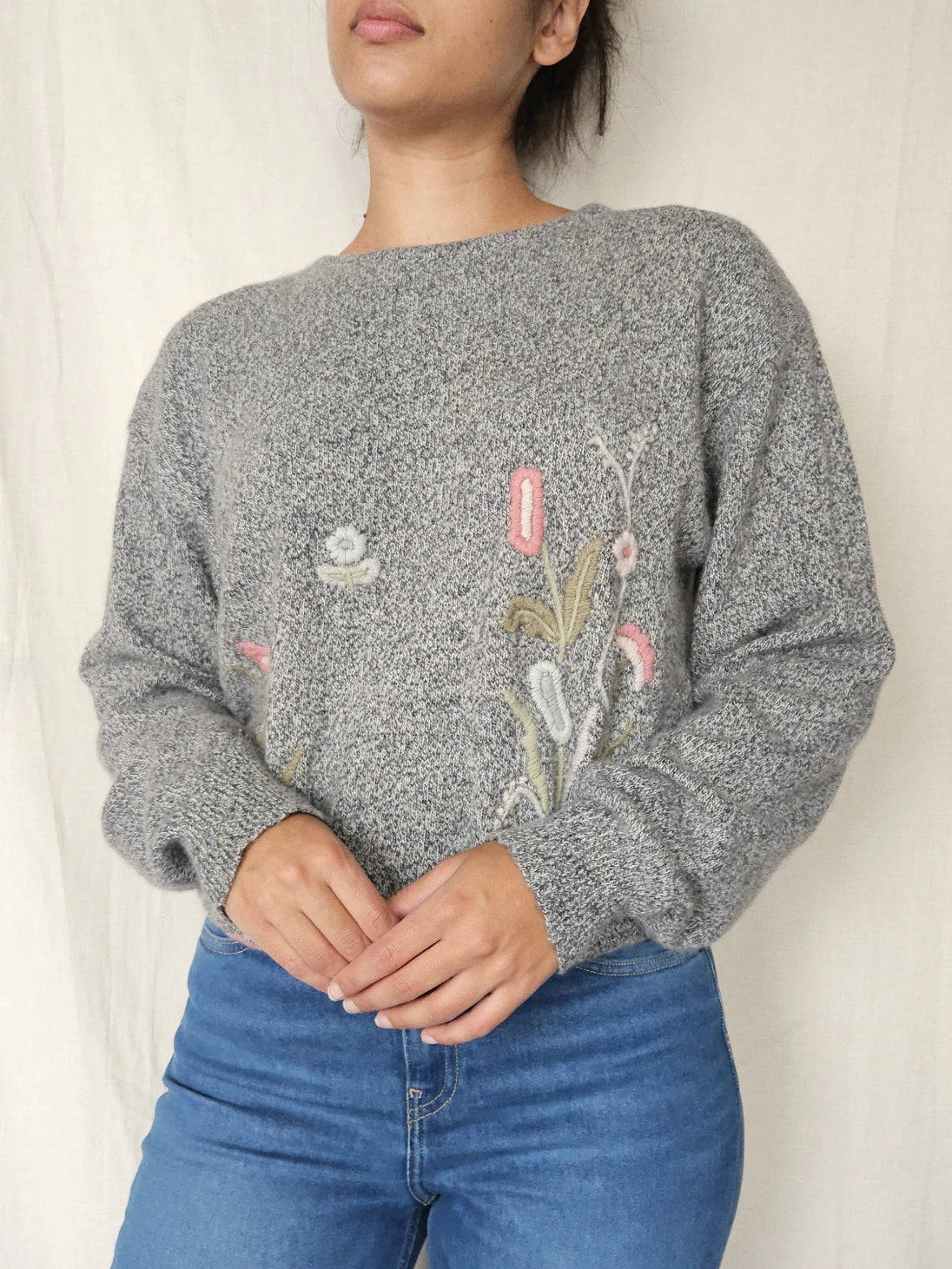 Vintage trui van angora met geborduurde bloemen | L/XL