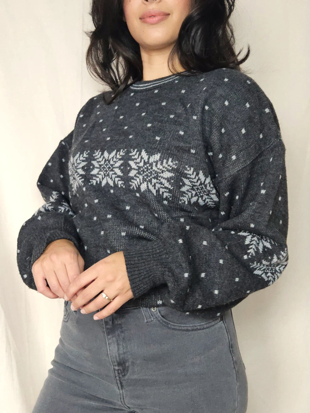 Donkergrijze snowflake vintage trui | 4XL