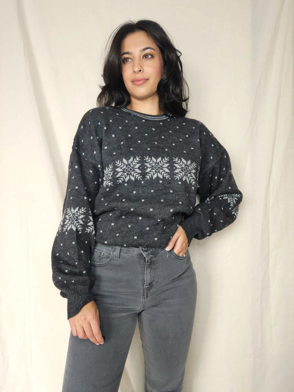 Donkergrijze snowflake vintage trui | 4XL