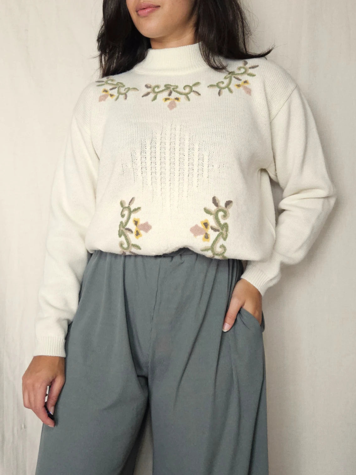 Crème wit vintage trui met borduursels | XL