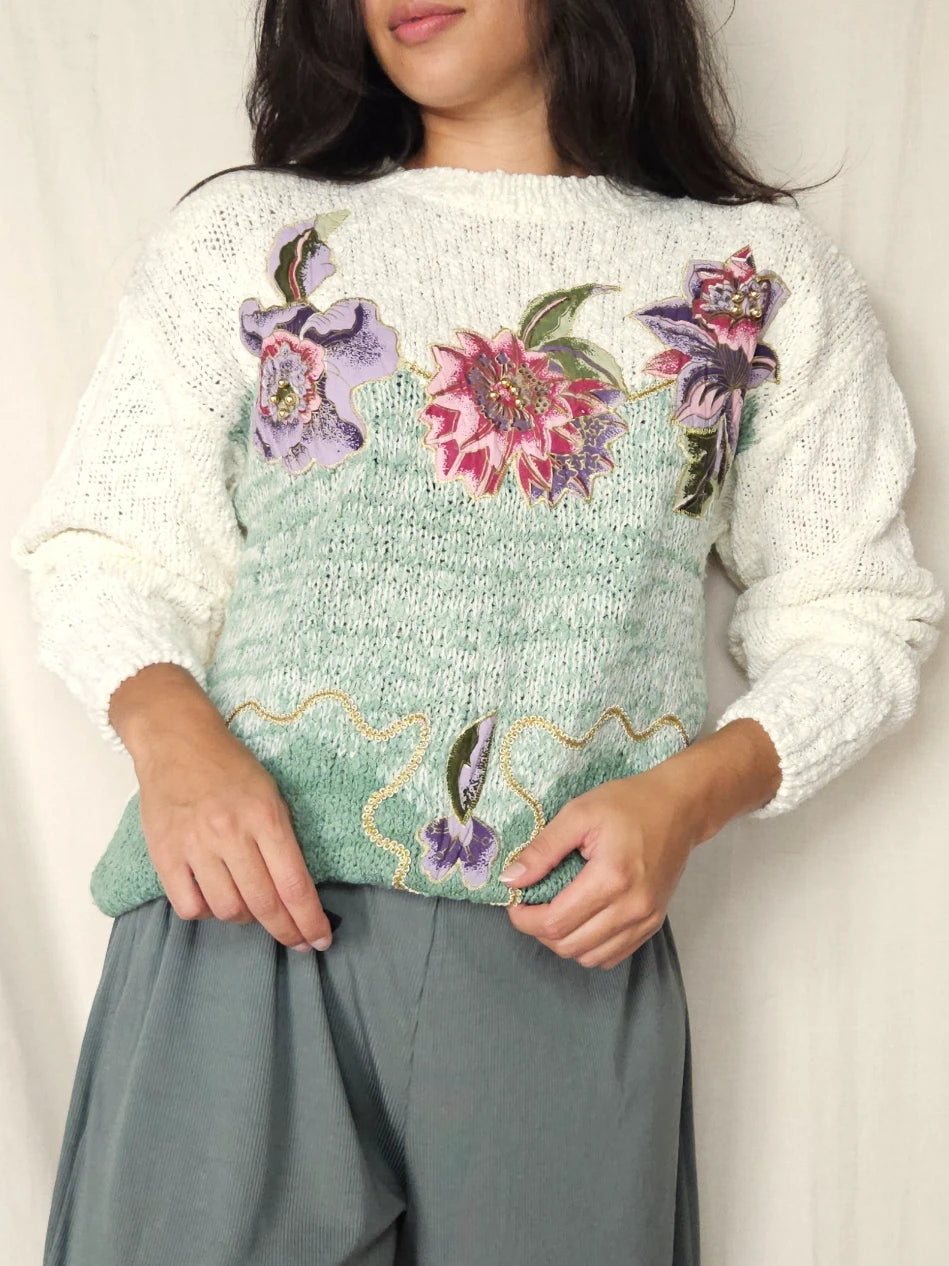 Jaren 80 grof gebreide vintage trui met bloemen | M