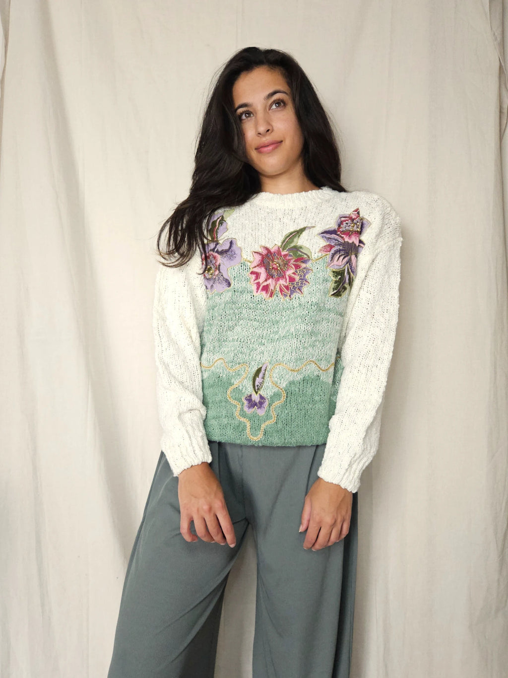 Jaren 80 grof gebreide vintage trui met bloemen | M