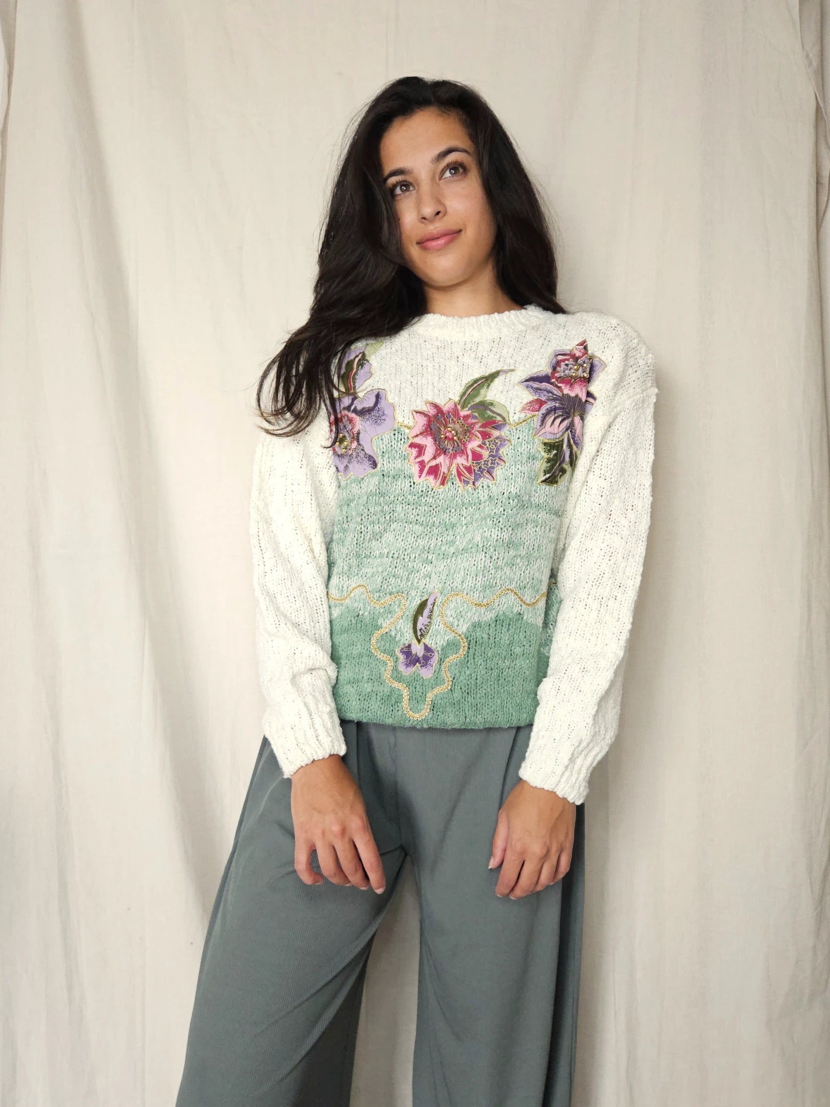 Jaren 80 grof gebreide vintage trui met bloemen | M