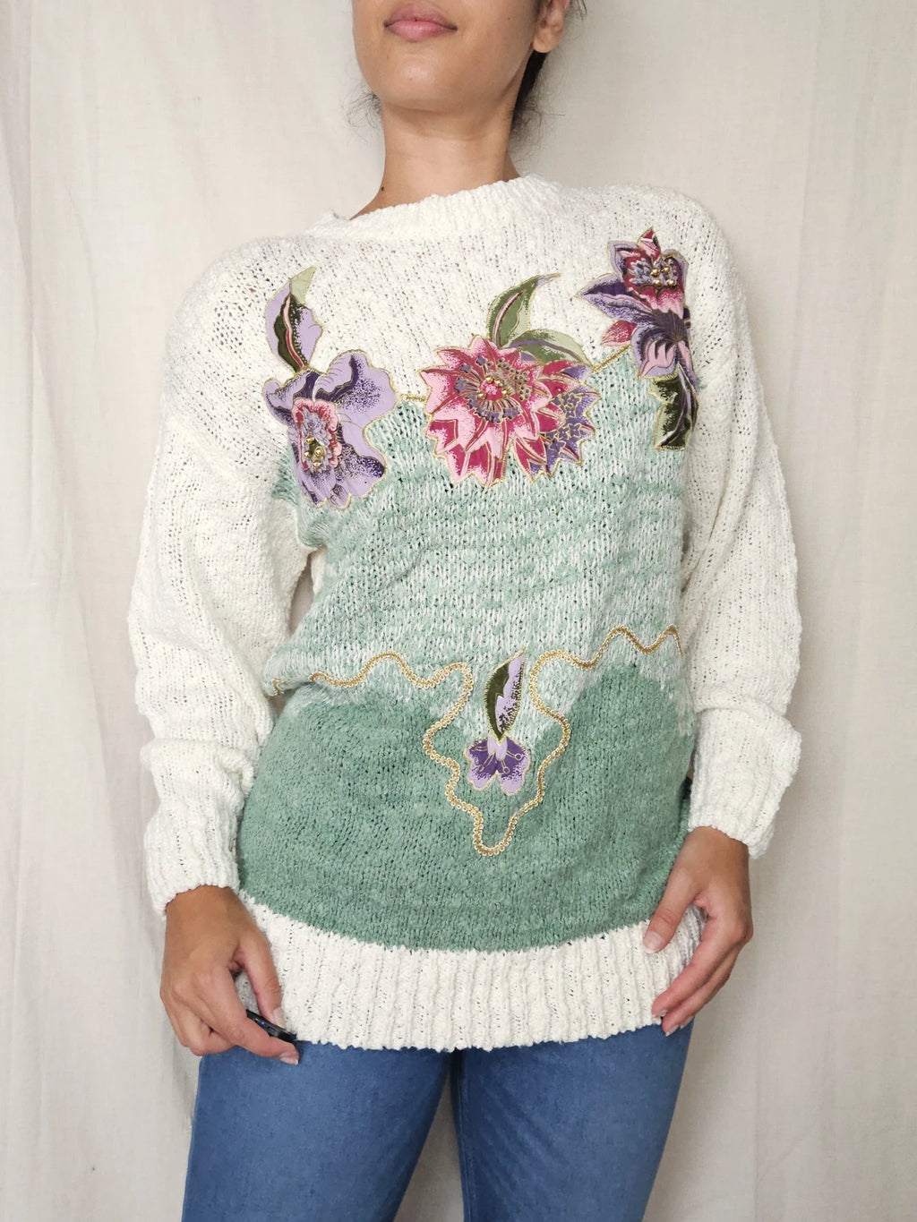 Jaren 80 grof gebreide vintage trui met bloemen | M