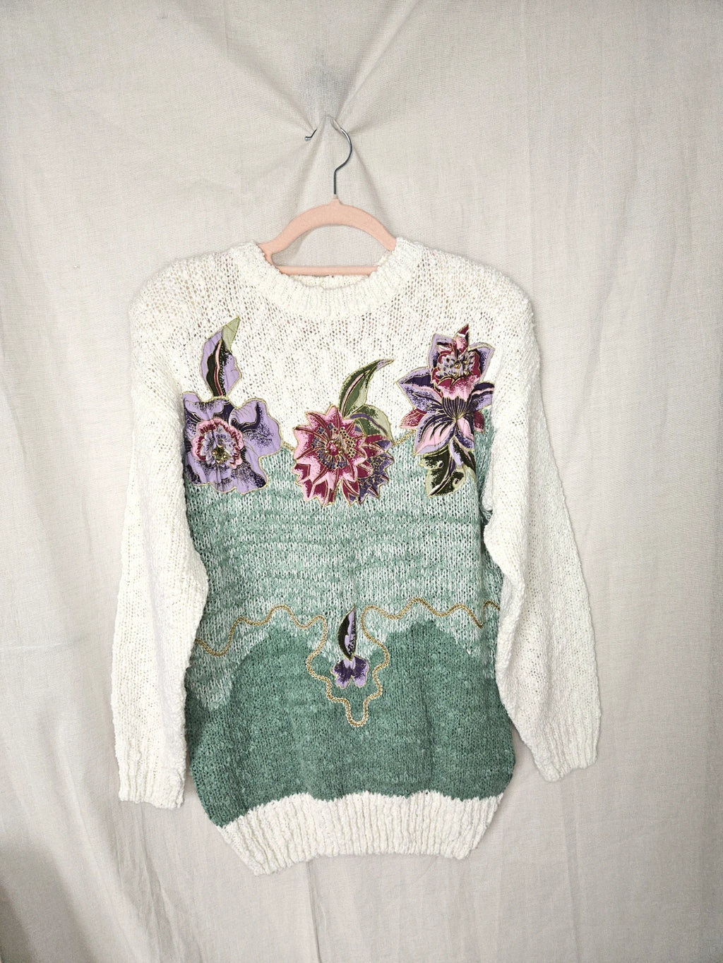 Jaren 80 grof gebreide vintage trui met bloemen | M