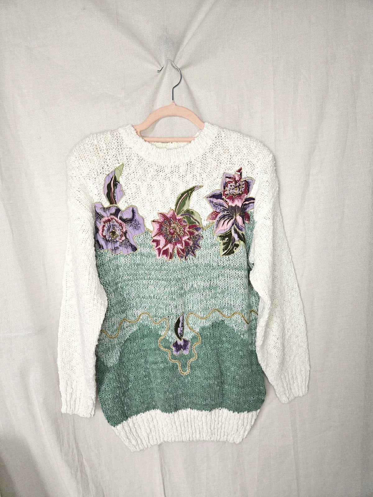 Jaren 80 grof gebreide vintage trui met bloemen | M