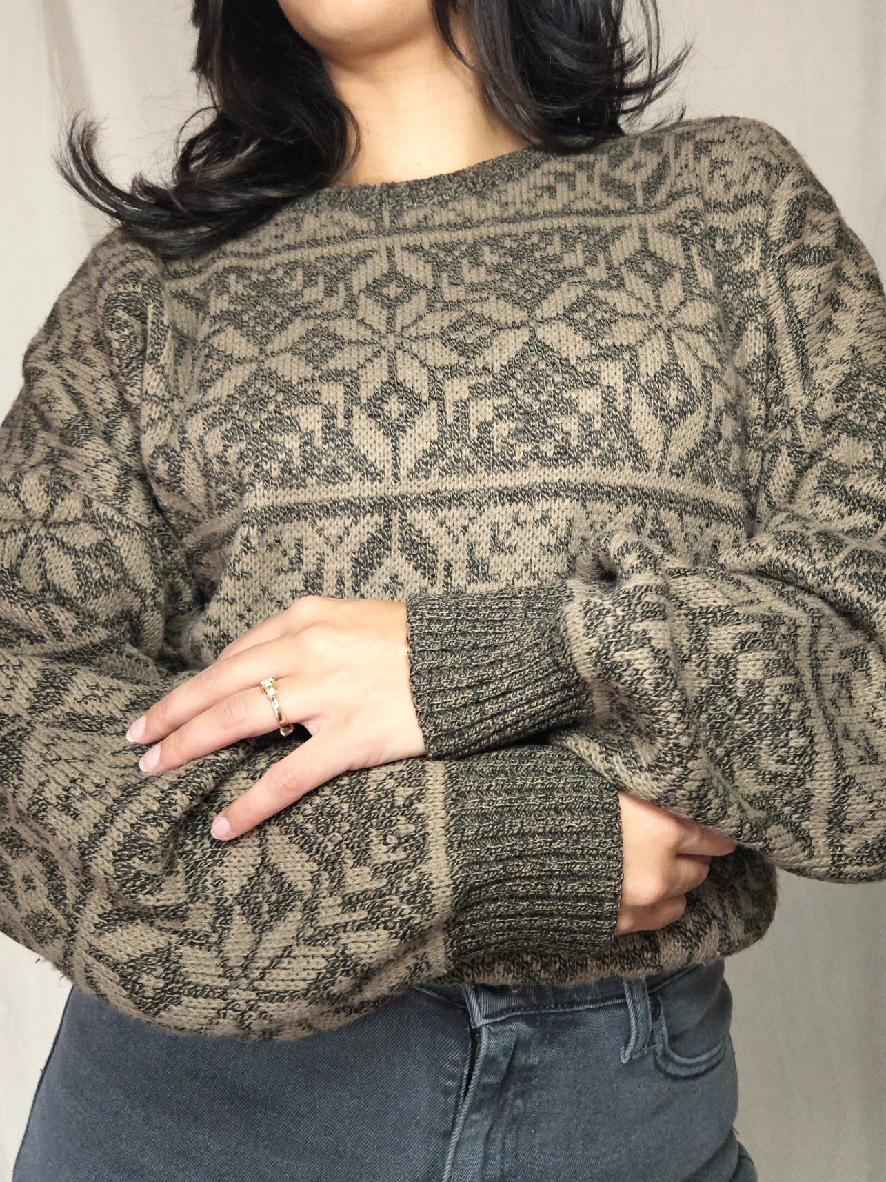 Bruin-grijze snowflake vintage trui | 4XL