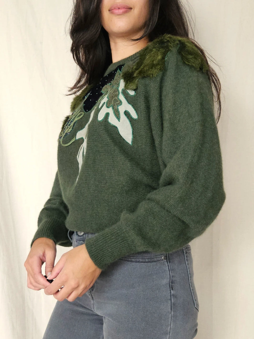 Dark green vintage sweater with soft angora | XL