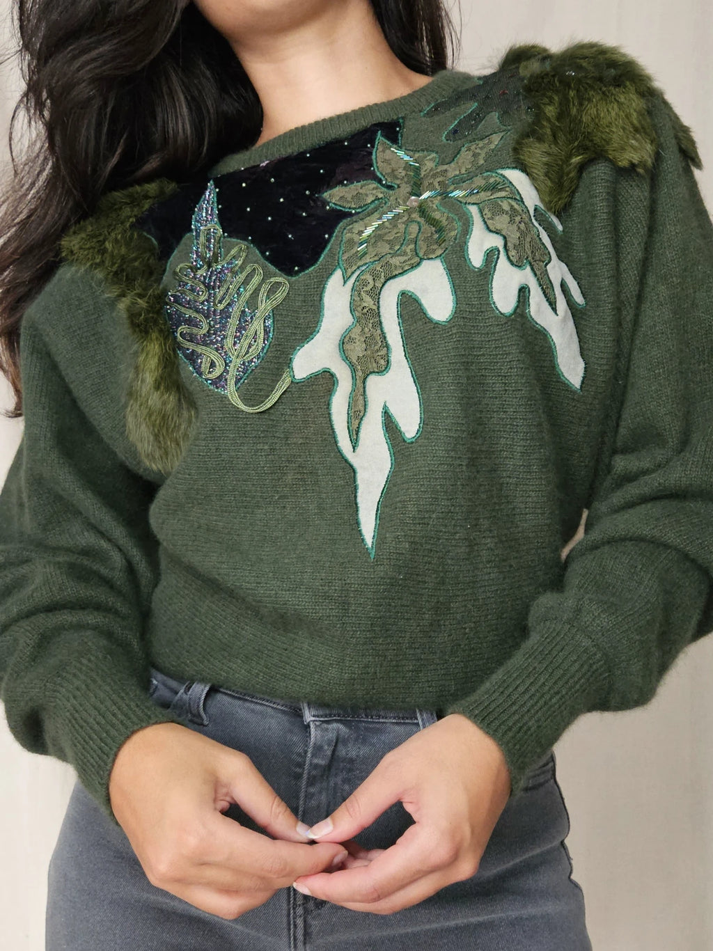 Dark green vintage sweater with soft angora | XL