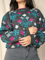 Donkergrijze vintage trui met roze en blauw | 3XL