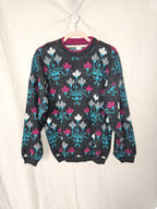 Donkergrijze vintage trui met roze en blauw | 3XL
