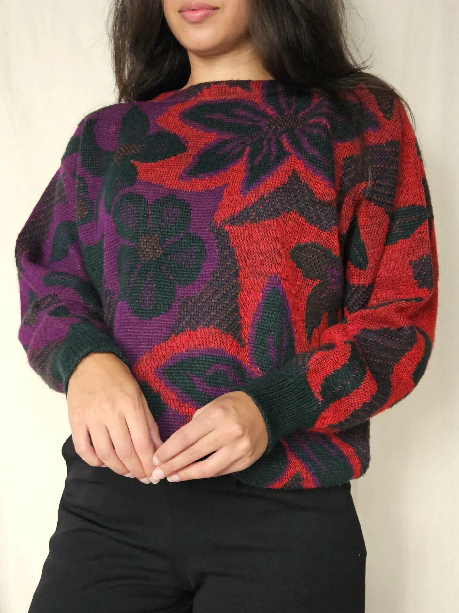 Rood-paarse vintage trui met bloemen | XL