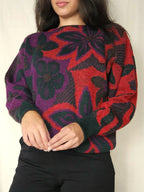 Rood-paarse vintage trui met bloemen | XL