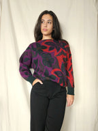 Rood-paarse vintage trui met bloemen | XL