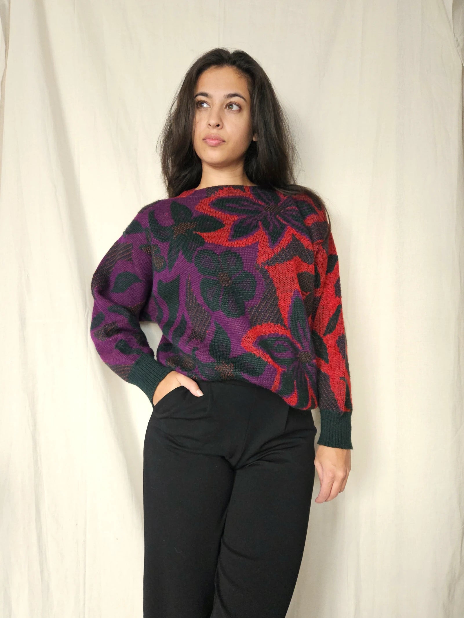Rood-paarse vintage trui met bloemen | XL