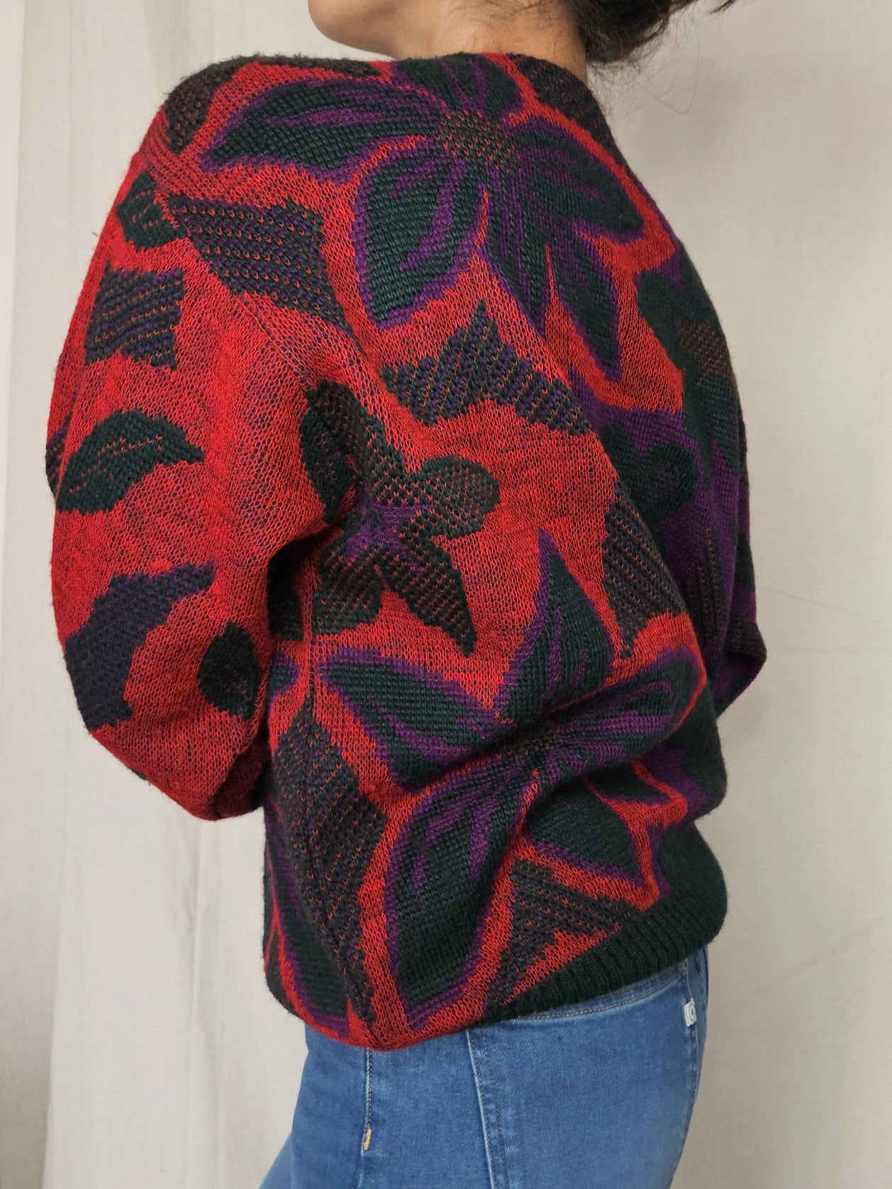 Rood-paarse vintage trui met bloemen | XL